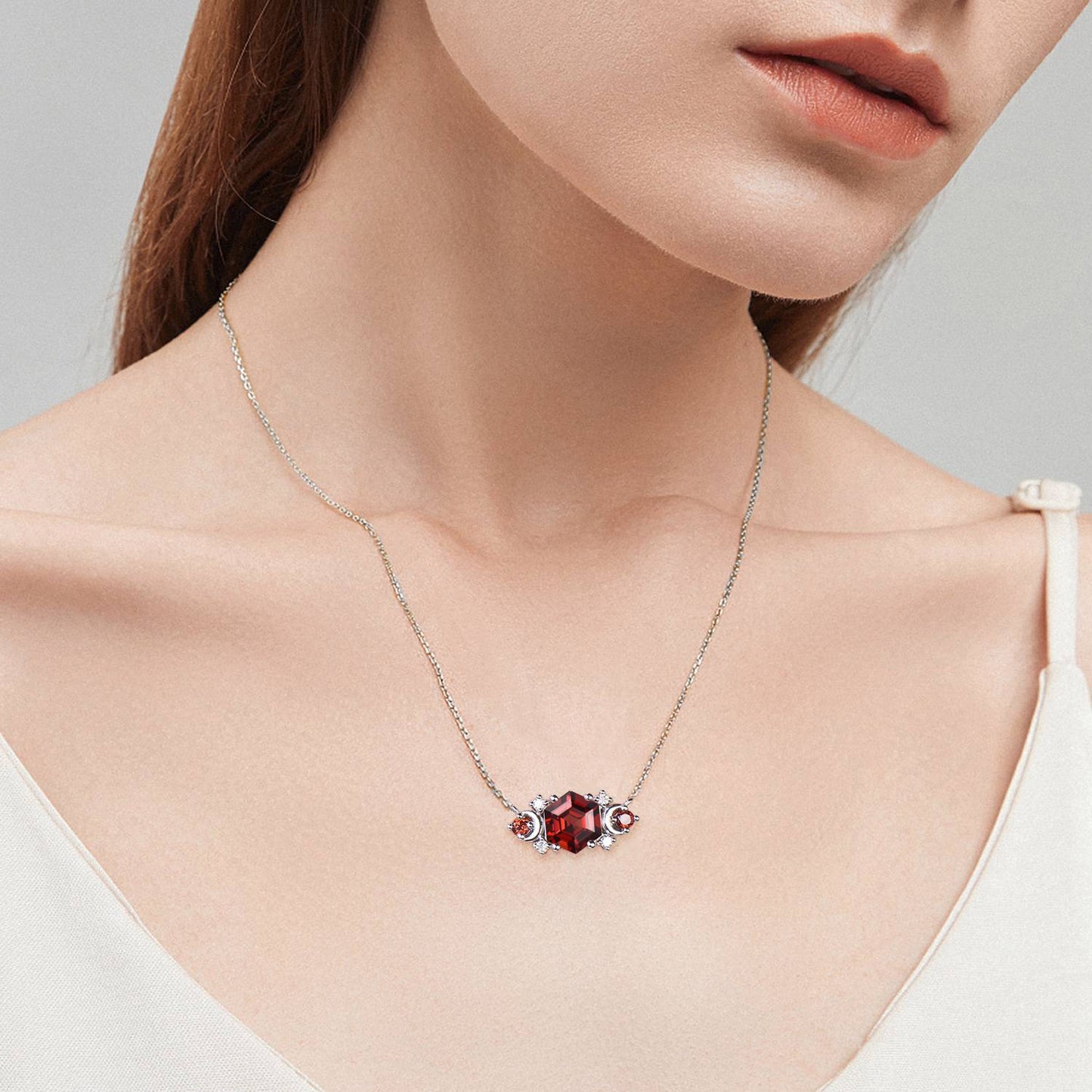 Vintage hexagon garnet pendant necklace cluster moissanite moon pendant necklace 14k/18k rose gold garnet necklace promise gift for women - PENFINE