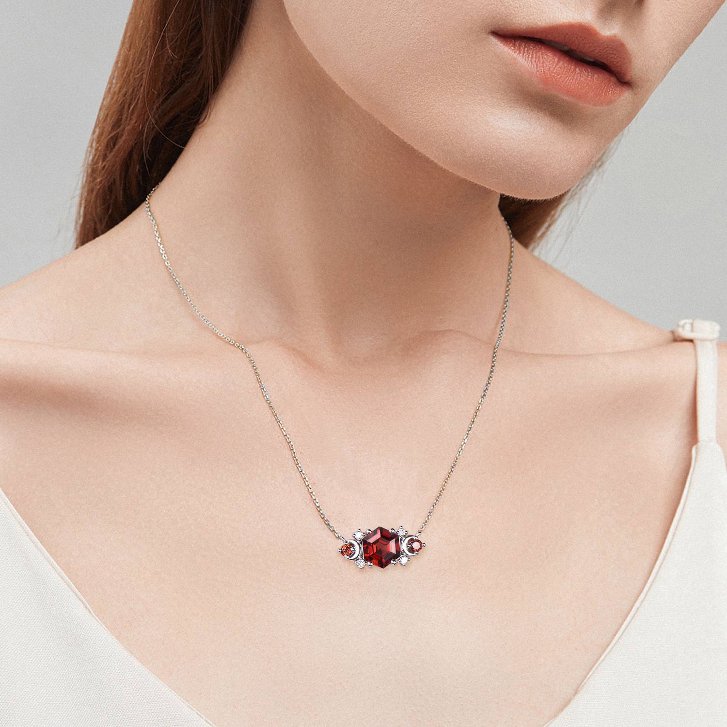 Vintage hexagon garnet pendant necklace cluster moissanite moon pendant necklace 14k/18k rose gold garnet necklace promise gift for women - PENFINE