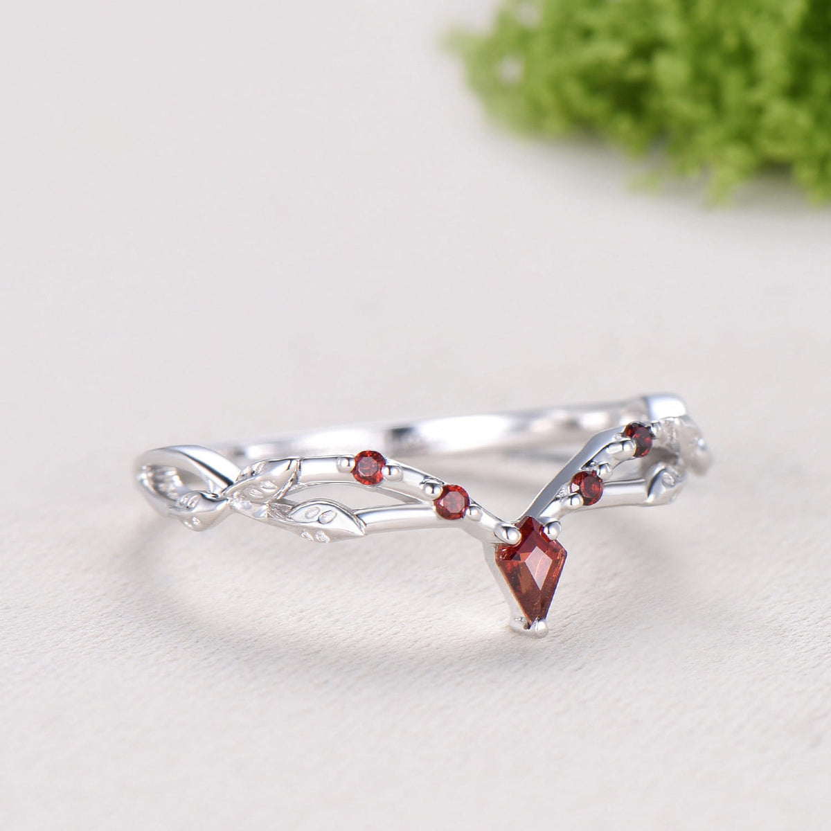 Vintage Curved Garnet Wedding Band Split Shank Promise Ring Leaf Vine January Birthstone Stackable Matching Band Evil Eye Wedding Ring Women