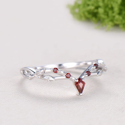 Vintage Curved Garnet Wedding Band Split Shank Promise Ring Leaf Vine January Birthstone Stackable Matching Band Evil Eye Wedding Ring Women