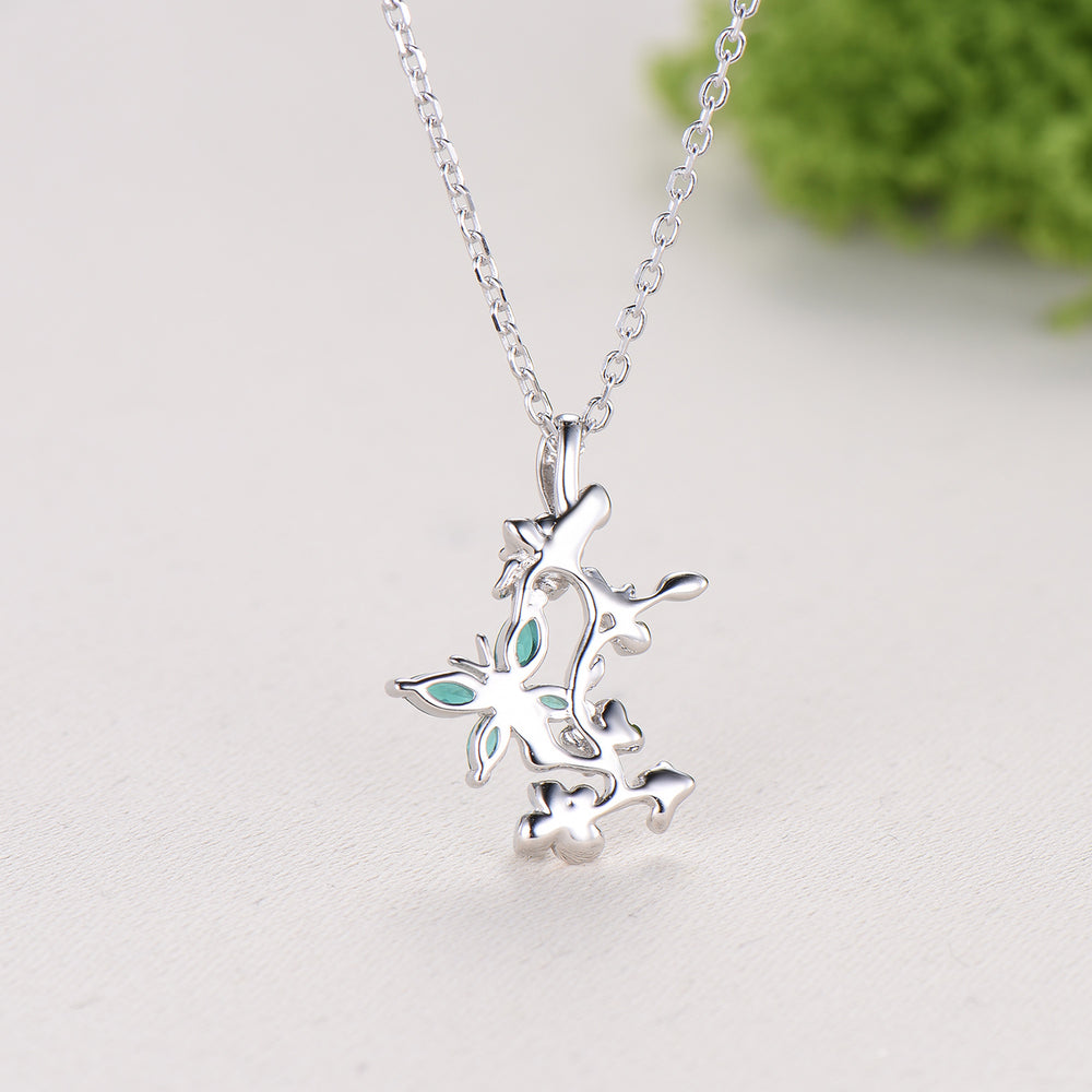 Emerald Green Crystal Butterfly Necklace, Floral Branch Pendant - PENFINE