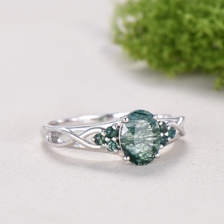 Celtic Knot Oval Natural Moss Agate Engagement Ring Solid 14K/18K White Gold Unique Infinity Ring Cluster Wedding Ring Anniversary gifts