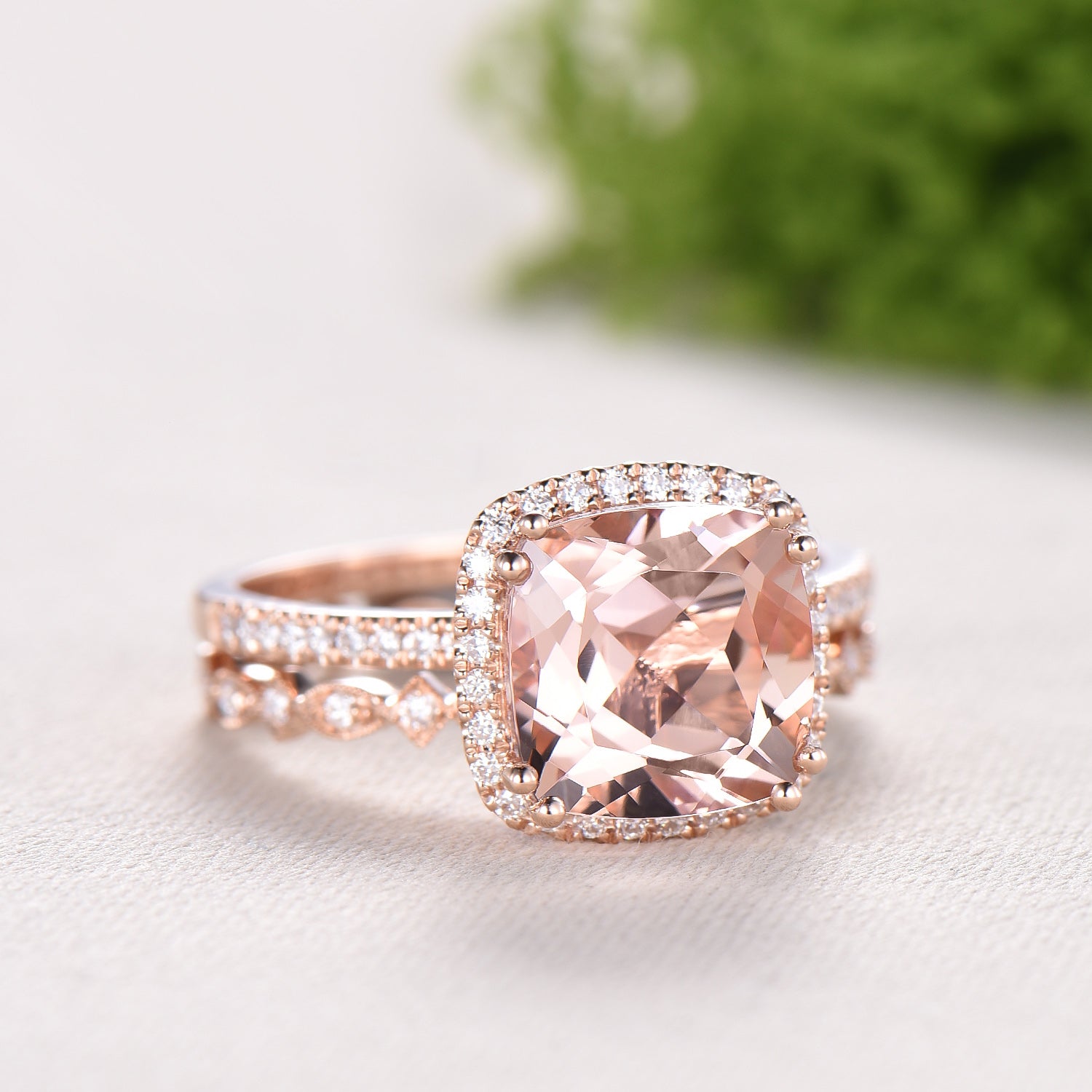 3ct cushion cut natural morganite engagement ring set Vintage 14k rose gold bridal ring set Full eternity Milgrain matching band - PENFINE