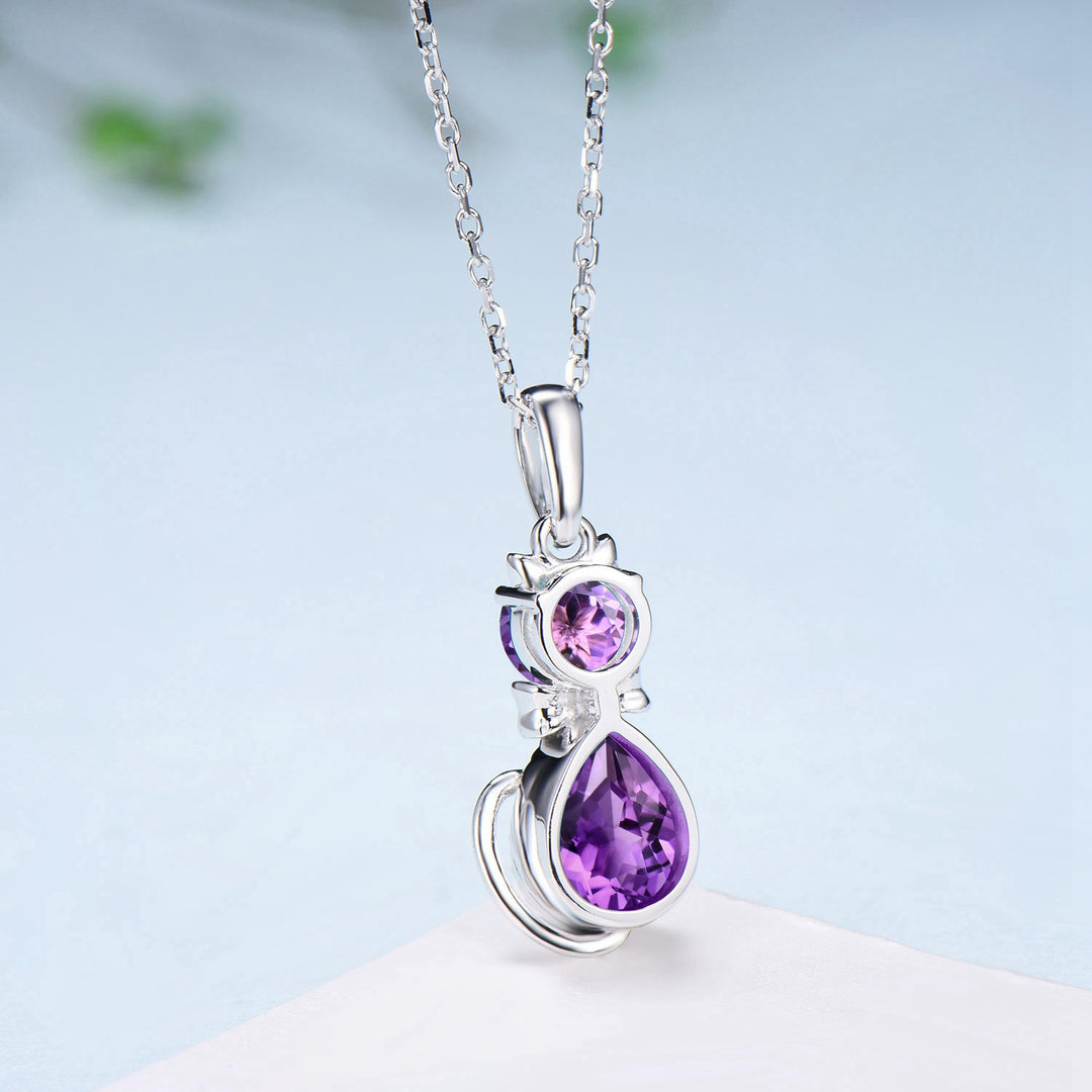 Elegant cat amethyst pendant necklace cute silver 14k white gold Bow round pear shaped amethyst necklace unique Cat's Paw anniversary gift - PENFINE