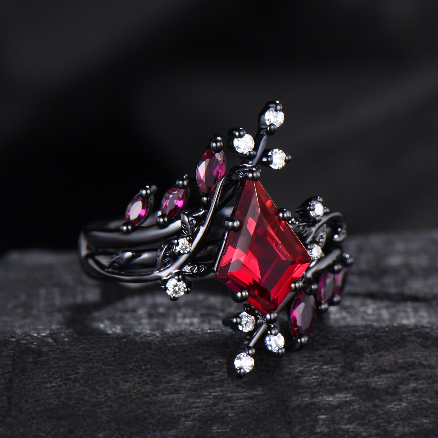 Unique gothic kite cut ruby engagement ring set black gold cluster engagement ring leaf branch nature inspired marquise ruby wedding set