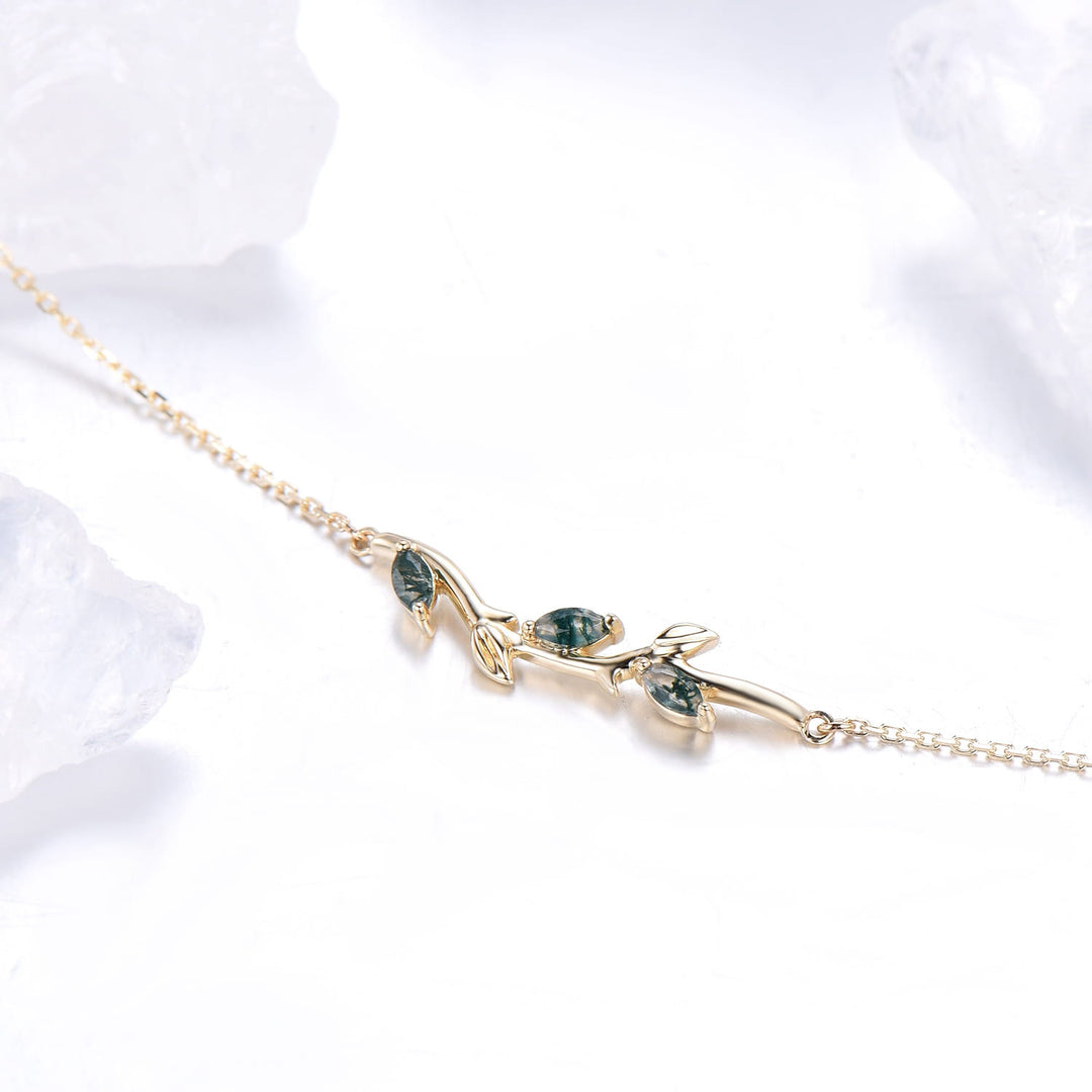 Dainty marquise cut moss agate bracelet leaf vine branch green crystal leaves bracelet nature inspired Stackable Bracelet anniversary gift - PENFINE