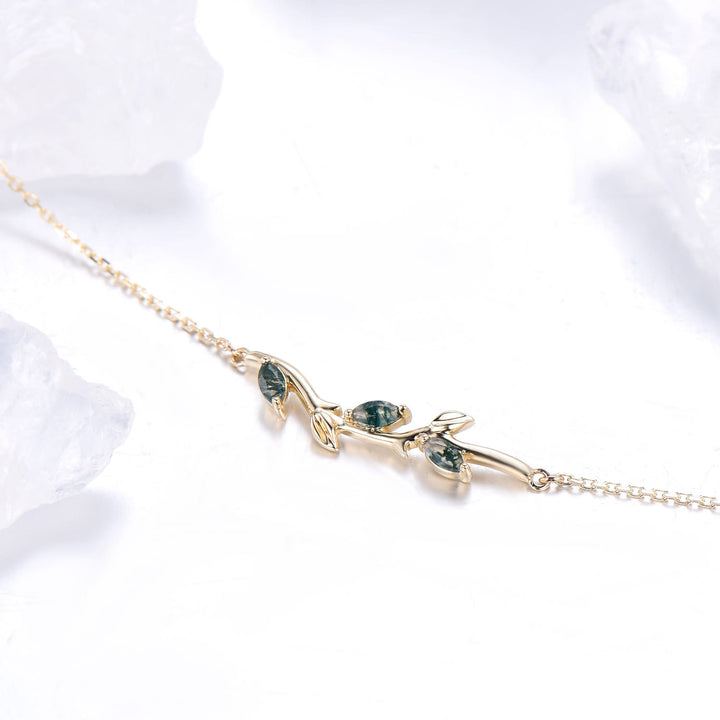 Dainty marquise cut moss agate bracelet leaf vine branch green crystal leaves bracelet nature inspired Stackable Bracelet anniversary gift - PENFINE