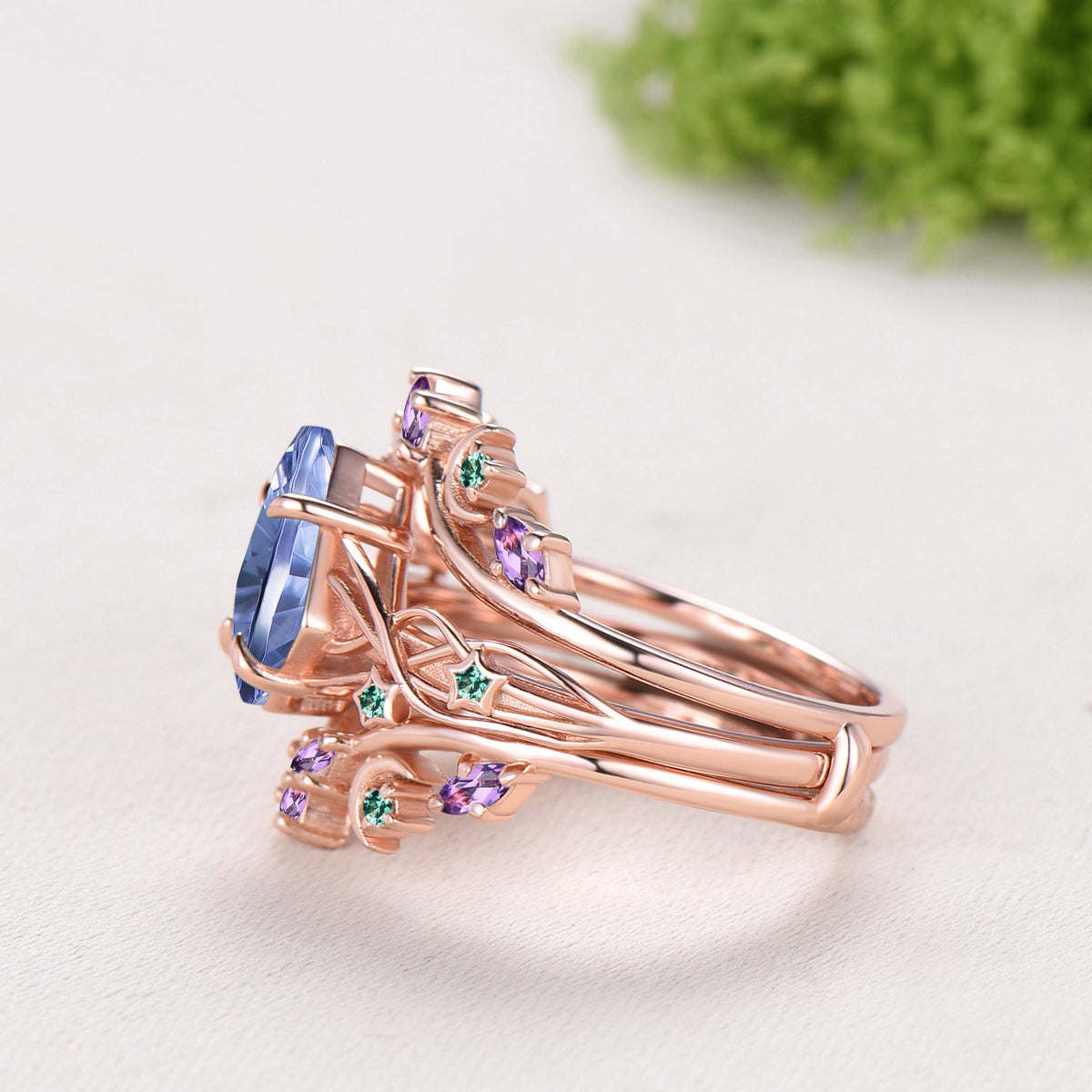 Kite Shaped Fantasy Cut Cornflower Blue Sapphire Twisted Ring Set Amethyst Emerald Enhancer Band