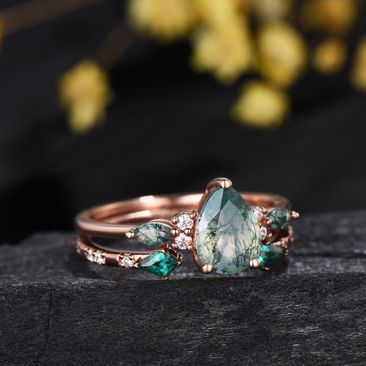 Vintage Pear Shaped Natural Moss Agate Engagement Ring Set 14K Rose Gold Marquise Emerald Opal Wedding Bridal Set Unique Anniversary Gift