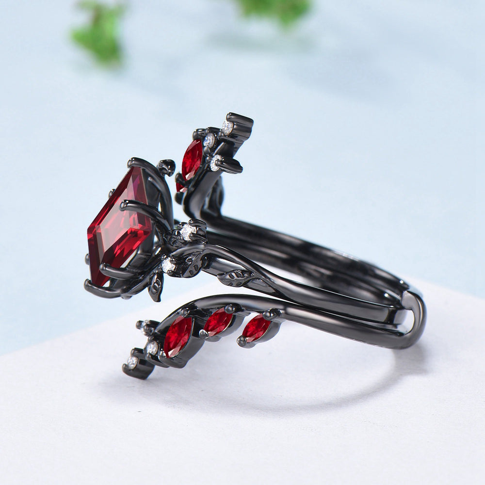 Nature inspired Kite cut ruby ring set black gold leaf gothic engagement ring  -knight - PENFINE