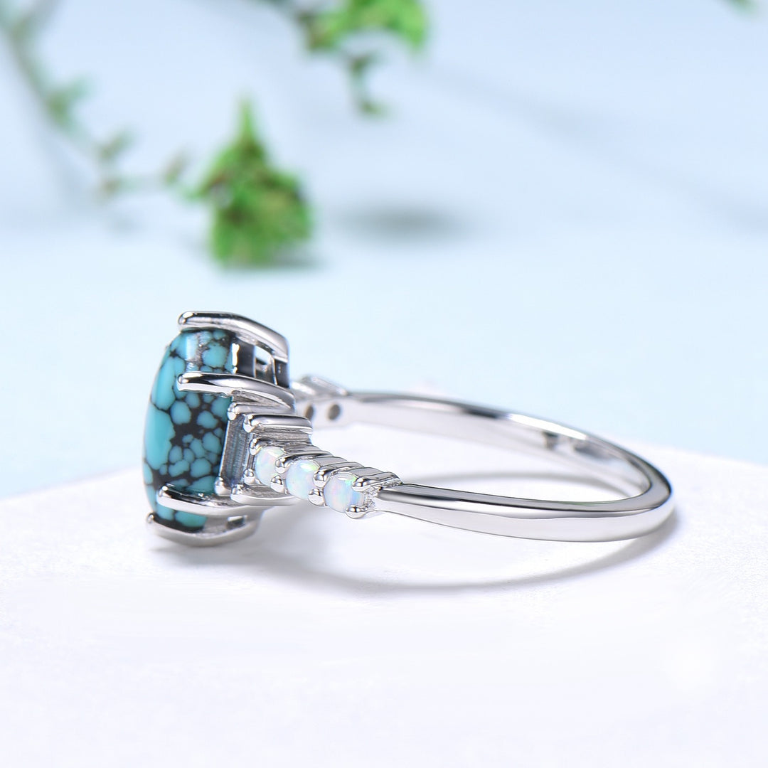 Unique turquoise engagement ring Long hexagon cut turquoise cluster baguette alexandrite opal wedding ring art deco proposal gifts for women - PENFINE