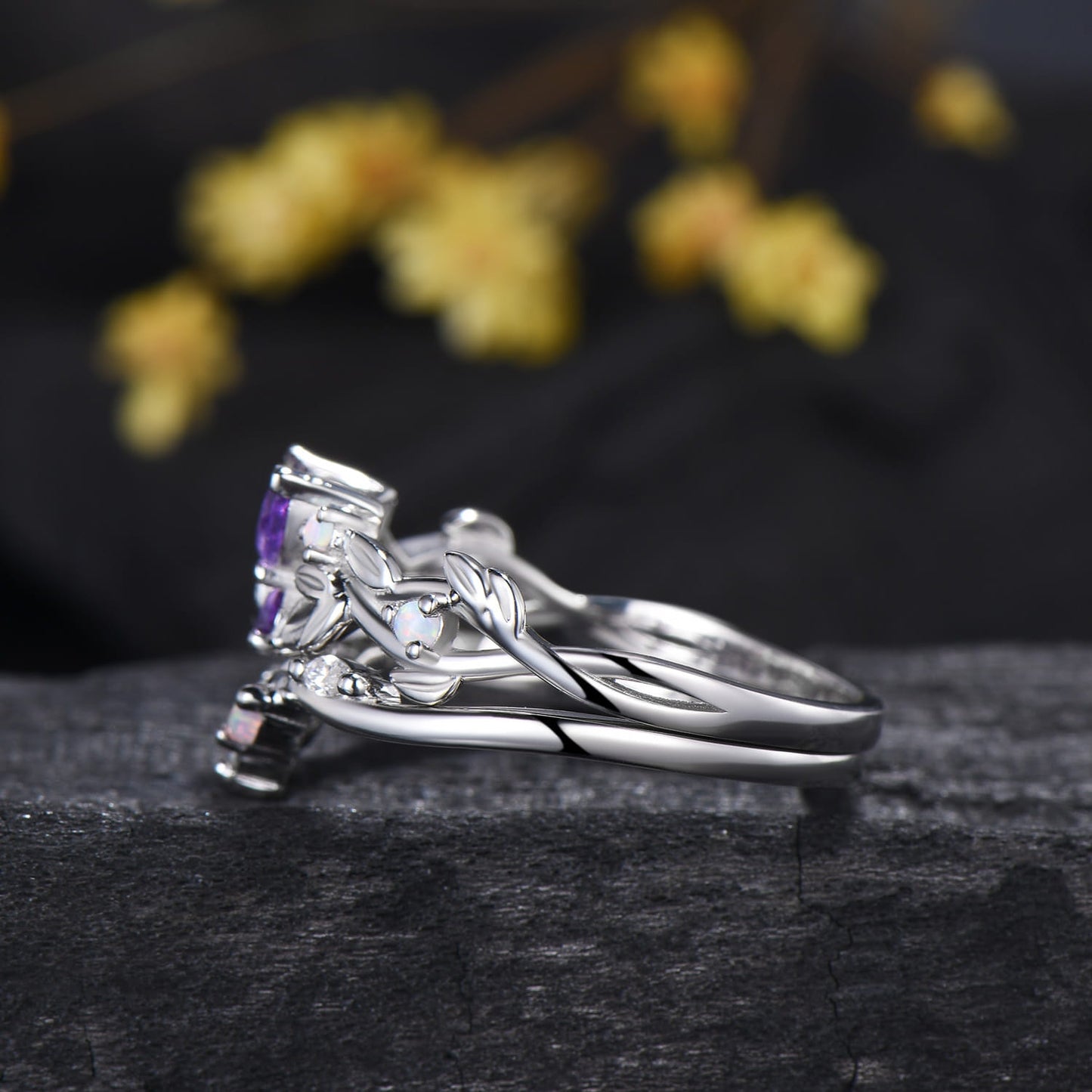 Nature inspired amethyst engagement ring set Twig leaf vine butterfly wedding set rose gold opal moissanite stacking bridal ring set women
