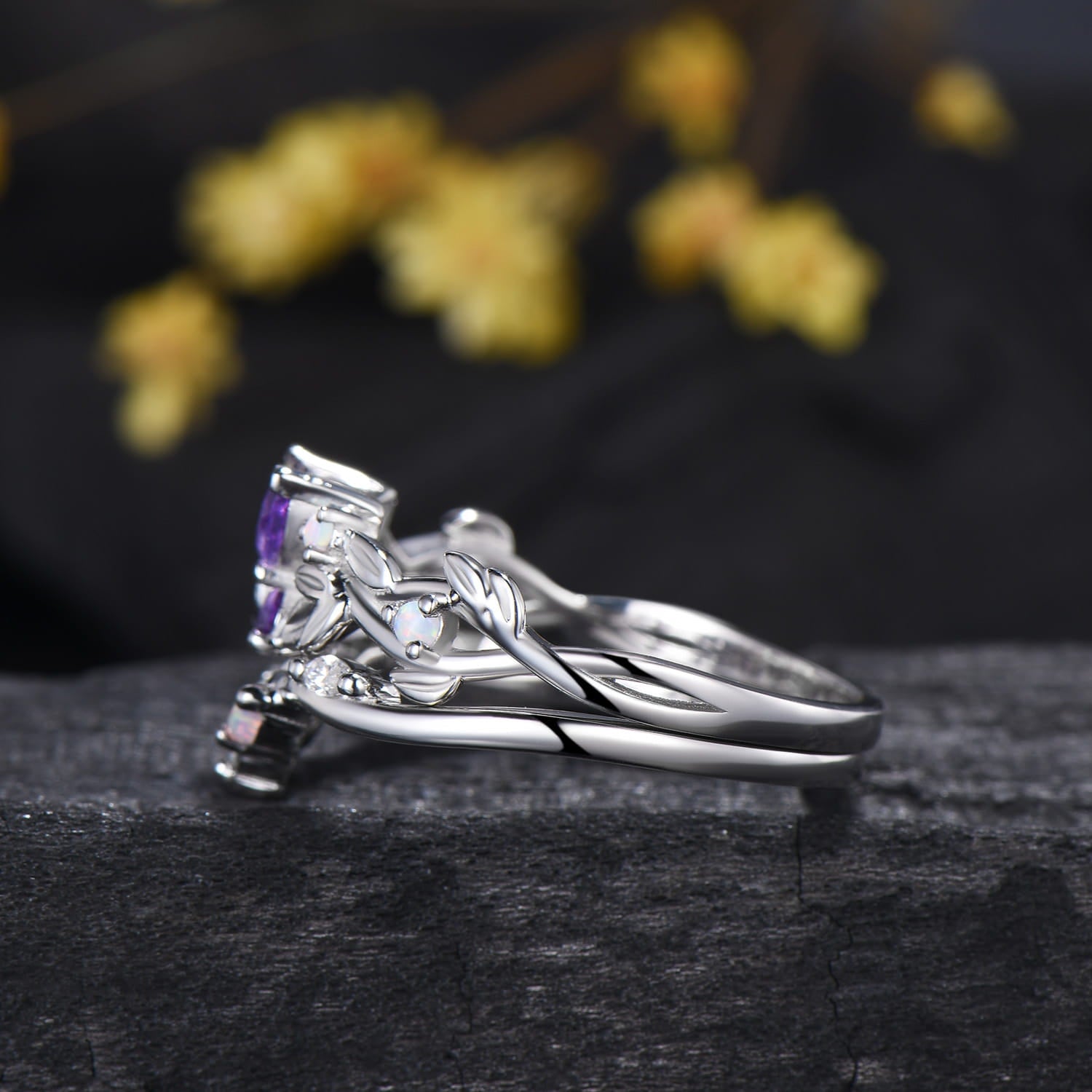 Nature inspired amethyst engagement ring set Twig leaf vine butterfly wedding set rose gold opal moissanite stacking bridal ring set women