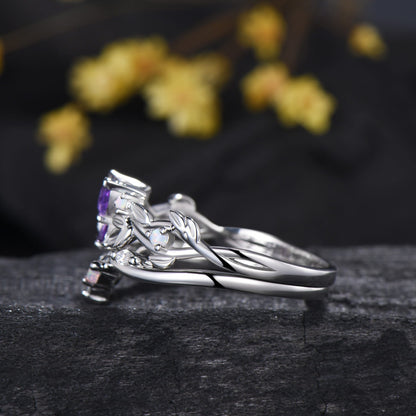 Nature inspired amethyst engagement ring set Twig leaf vine butterfly wedding set rose gold opal moissanite stacking bridal ring set women