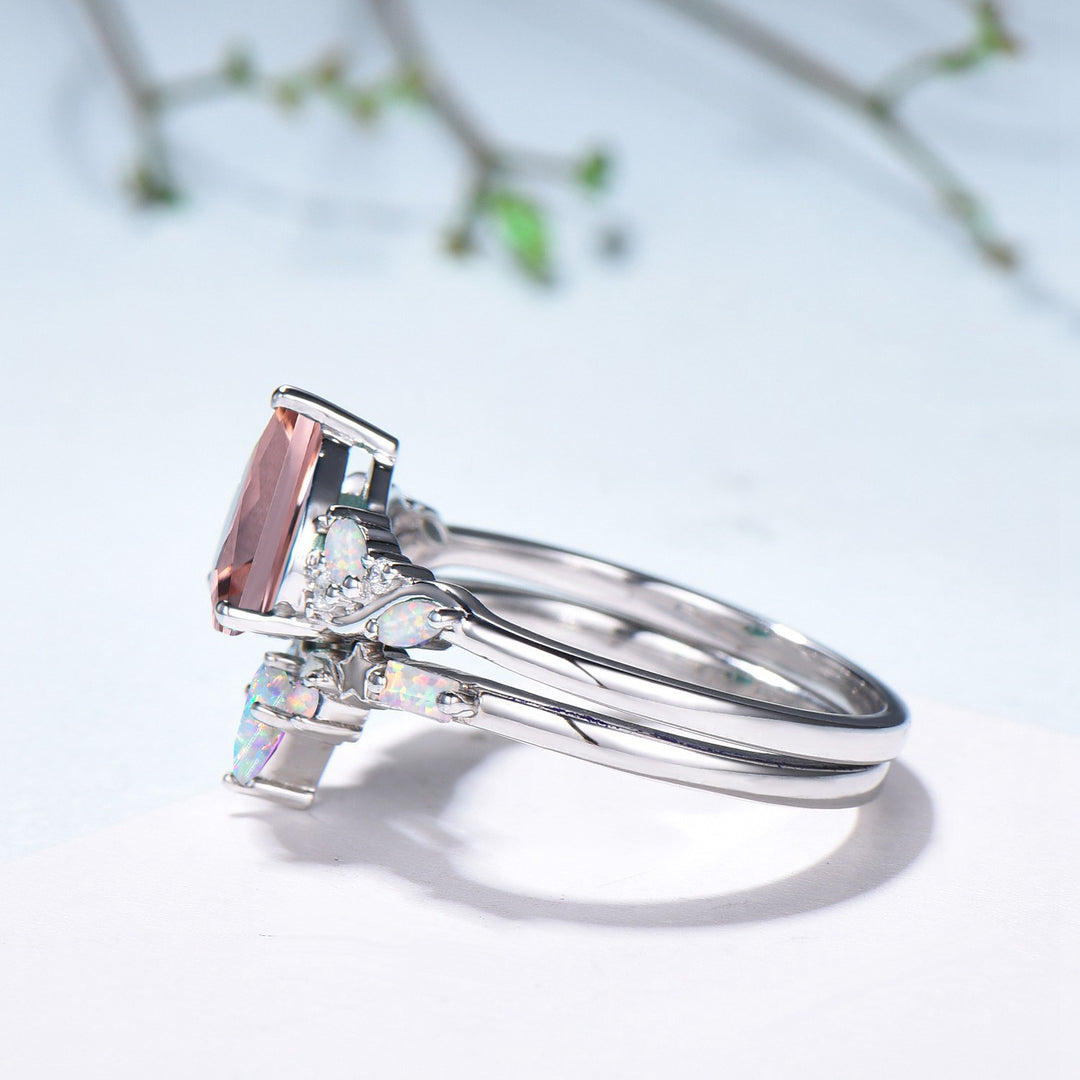 Pear Shaped Natural Morganite Opal Engagement Ring Set: The Fae Queen's Teardrop Nesting Ring - PENFINE