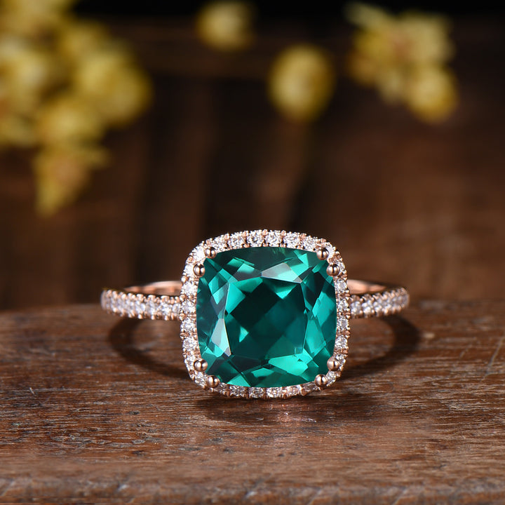3ct Cushion Emerald Wedding Ring Set, May Birthstone Engagement Ring,Rose Gold Halo Diamond Bridal Set, Art Deco Full Eternity Milgrain Band