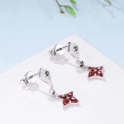 Kite Cut Natural Garnet Drop Earrings with Black Spinel & Moissanite Diamond - PENFINE