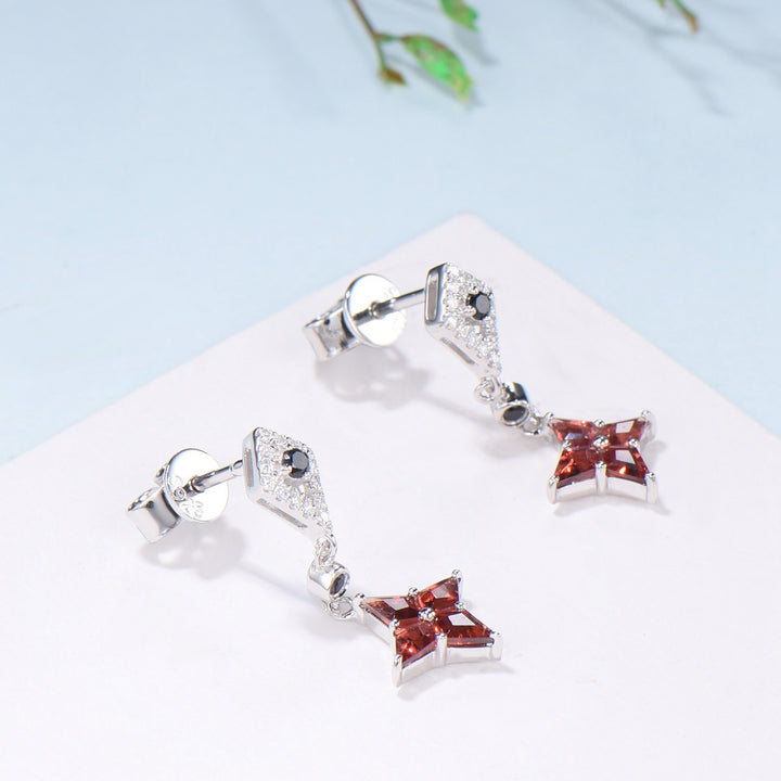 Kite Cut Natural Garnet Drop Earrings with Black Spinel & Moissanite Diamond - PENFINE