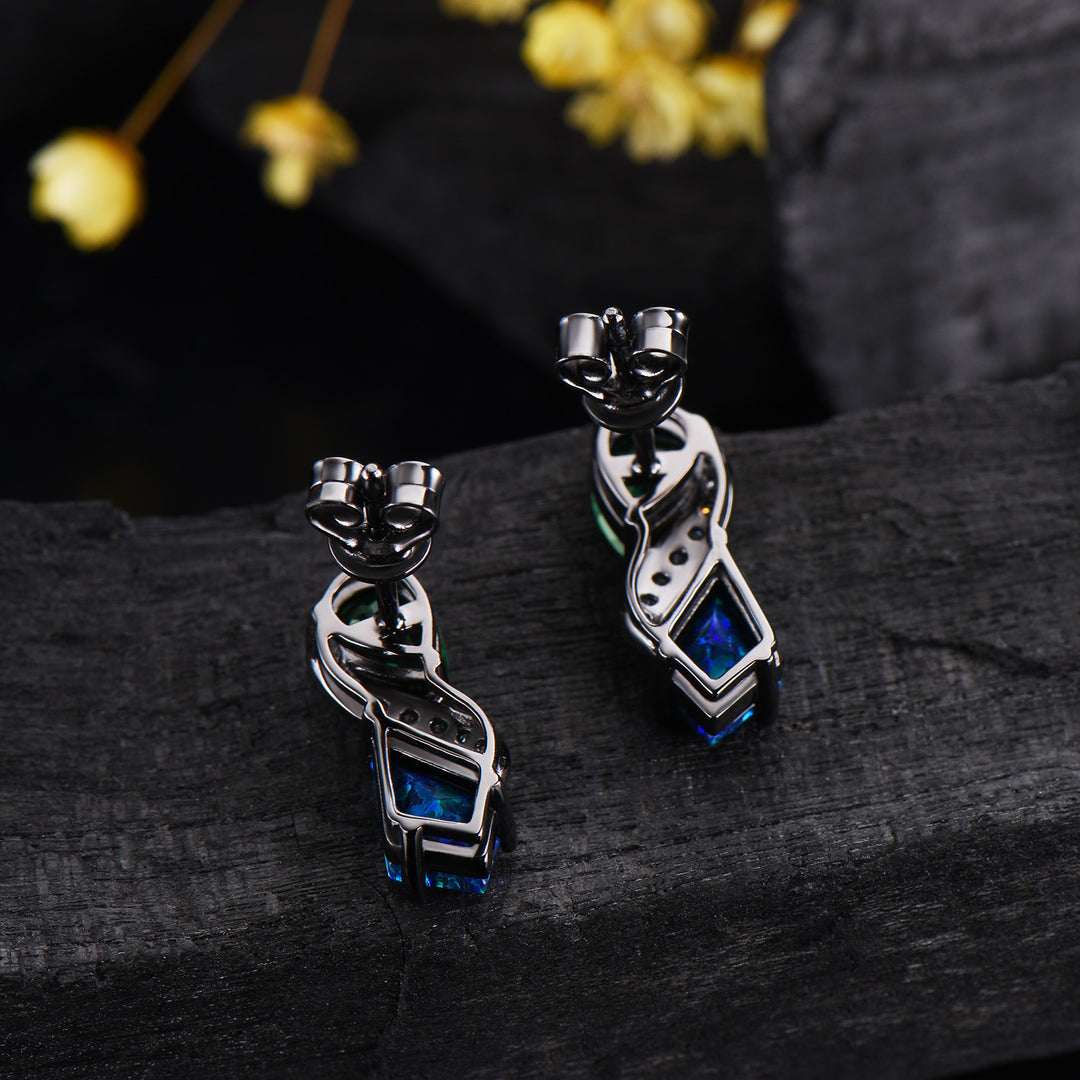 Gothic Black Gold Opal Emerald Stud Earrings, Vintage Art Deco Style Drop Earrings, Kite Black Fire Opal & Pearl Emerald Nature Inspired