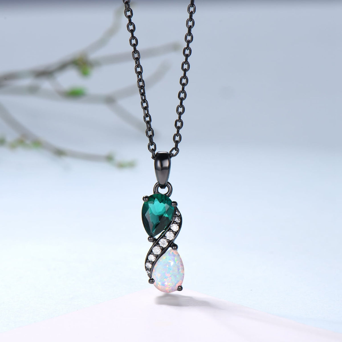 5x7mm Teardrop Emerald & White Opal Infinity Pendant Necklace Black Gold