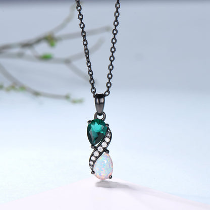 5x7mm Teardrop Emerald & White Opal Infinity Pendant Necklace Black Gold