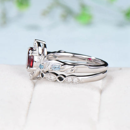 Crescent Moon Ruby Engagement Ring Set Unique Nature Inspired Swiss Topaz Wedding Ring Open Gap Black Spinel Stacking Bridal Ring Set Women - PENFINE