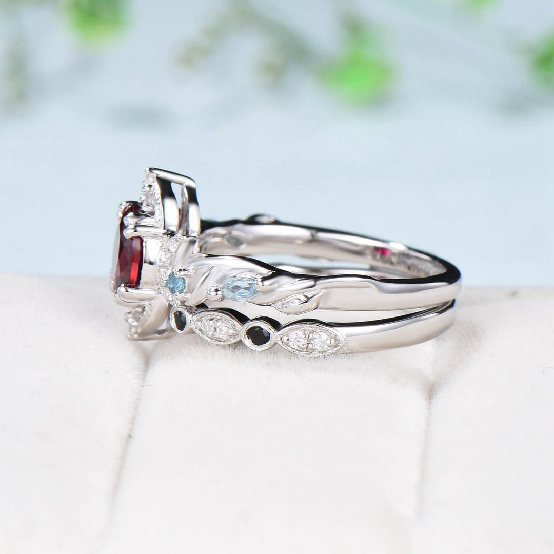 Crescent Moon Ruby Engagement Ring Set Unique Nature Inspired Swiss Topaz Wedding Ring Open Gap Black Spinel Stacking Bridal Ring Set Women - PENFINE