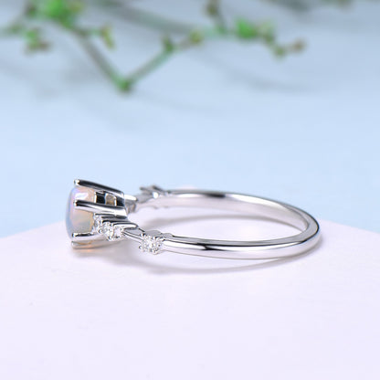 Dainty Natural Fire Opal Ring Natural Inspired White Opal Diamond Engagement Ring White Gold Minimalist Bridal Anniversary Ring for Women - PENFINE