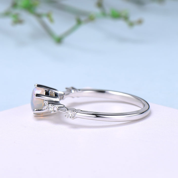 Dainty Natural Fire Opal Ring Natural Inspired White Opal Diamond Engagement Ring White Gold Minimalist Bridal Anniversary Ring for Women - PENFINE