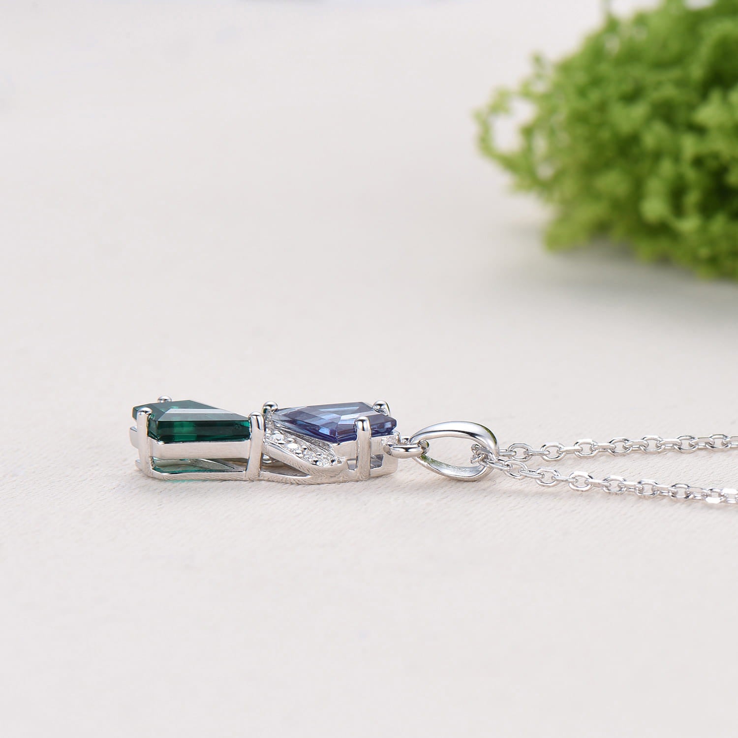 Two-Tone Kite Cut Alexandrite and Emerald Necklace Pendant | White Gold Moissanite Accent Snake Necklace - PENFINE