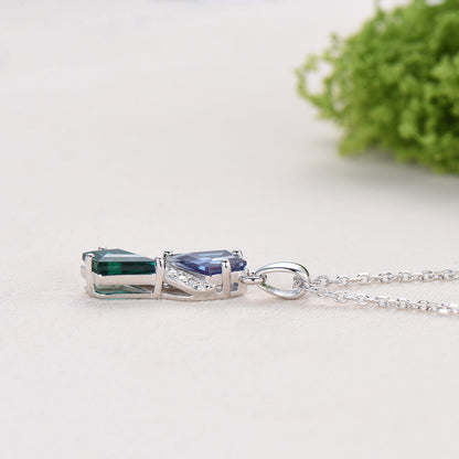 Two-Tone Kite Cut Alexandrite and Emerald Necklace Pendant | White Gold Moissanite Accent Snake Necklace - PENFINE