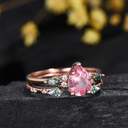 1.25 CT Pear Shaped Padparadscha Sapphire Engagement Ring Set, Cluster Kite & Marquise Moss Agate