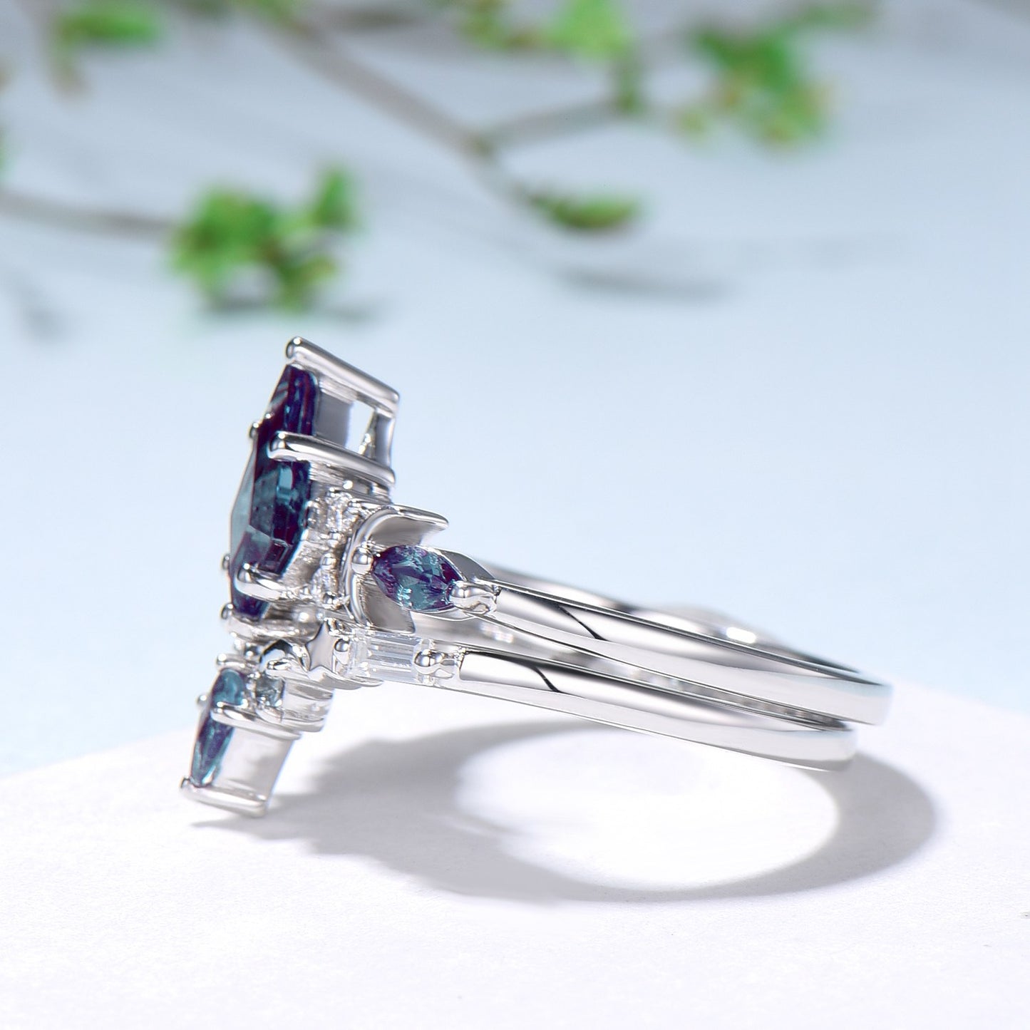 Crescent Moon kite cut alexandrite engagement ring set silver white gold art deco marquise color change birthstone ring 2pcs star bridal set - PENFINE