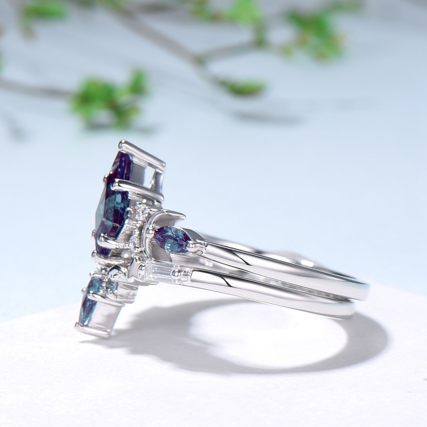 Crescent Moon kite cut alexandrite engagement ring set silver white gold art deco marquise color change birthstone ring 2pcs star bridal set - PENFINE