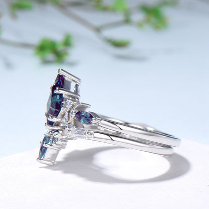 Crescent Moon kite cut alexandrite engagement ring set silver white gold art deco marquise color change birthstone ring 2pcs star bridal set - PENFINE