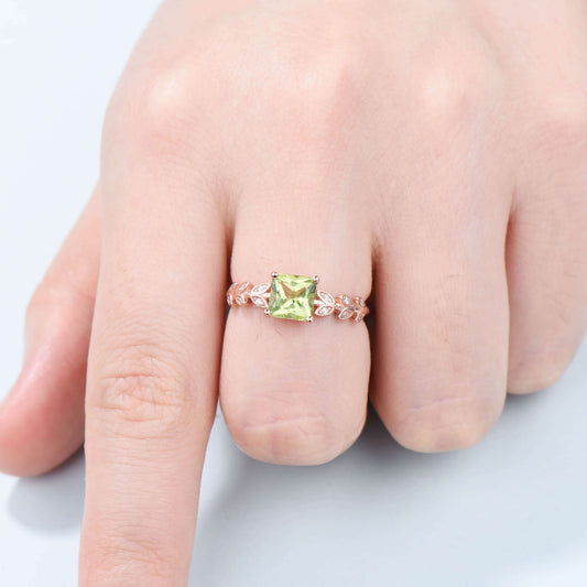 Princess cut peridot engagement ring leaf peridot and diamond wedding ring for women unique vintage style moissanite ring for women jewelry - PENFINE