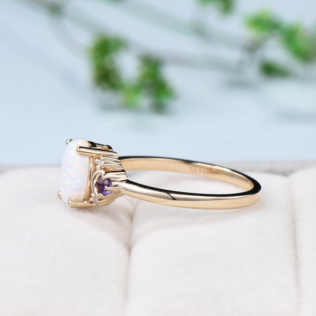 Vintage Opal Engagement Ring Rose Gold Unique Nature Inspired Moon Amethyst Ring Unique Alternative October birthstone Wedding Ring Women - PENFINE