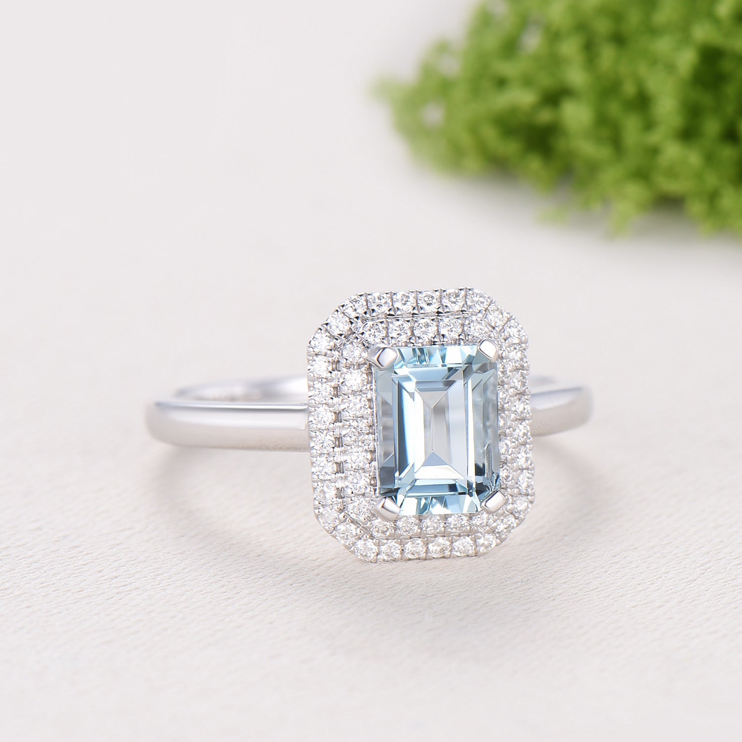 Double Halo Diamond Emerald Cut Aquamarine Bridal Ring Set, Plain Gold Wedding Band