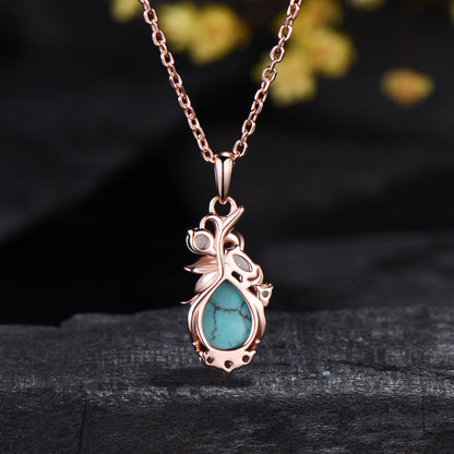 1.25CT Teardrop Cut Turquoise Leaf Wedding Necklace White Opal Branch Pendant