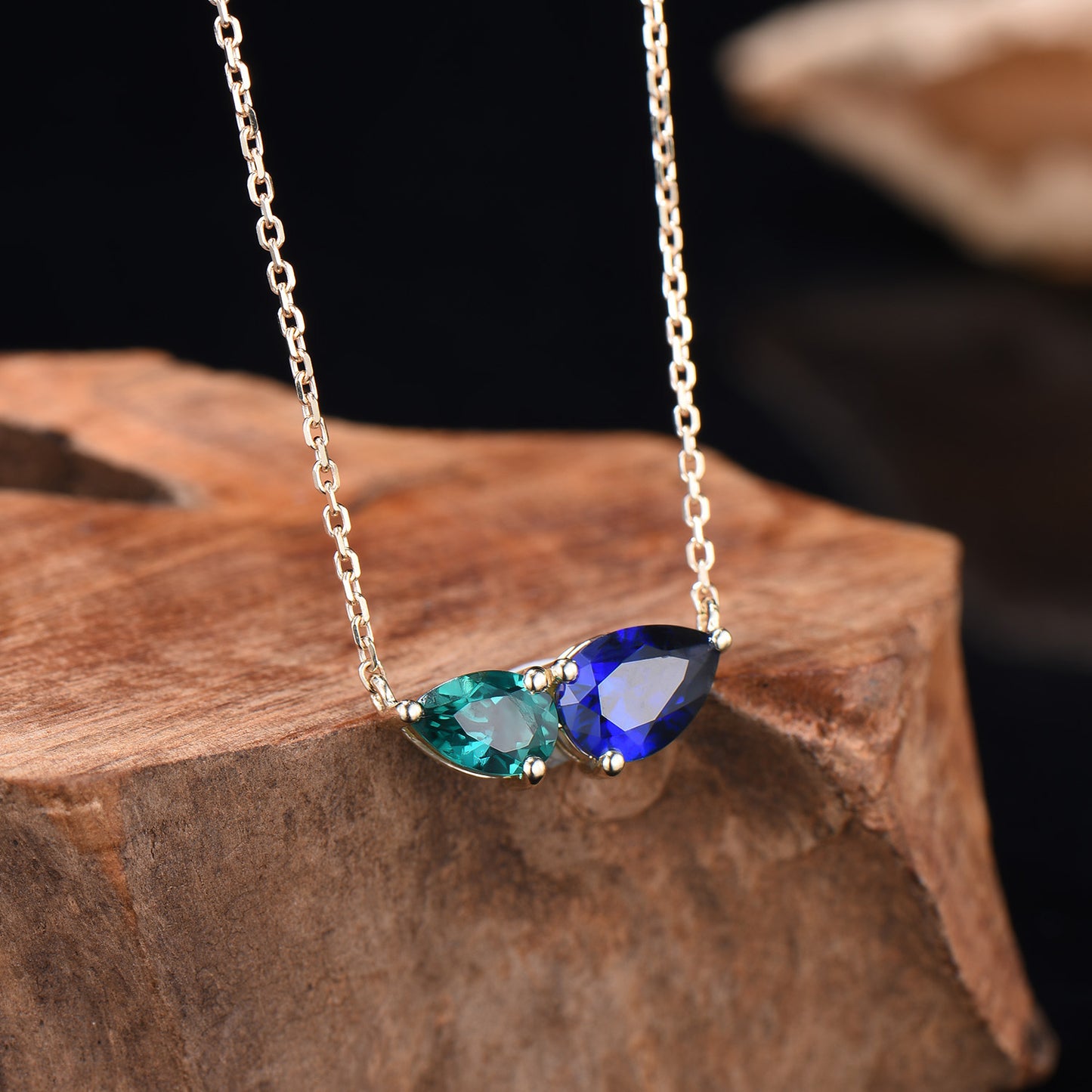 Teardrop Sapphire Emerald Yellow Gold Necklace, Toi et Moi Pendant