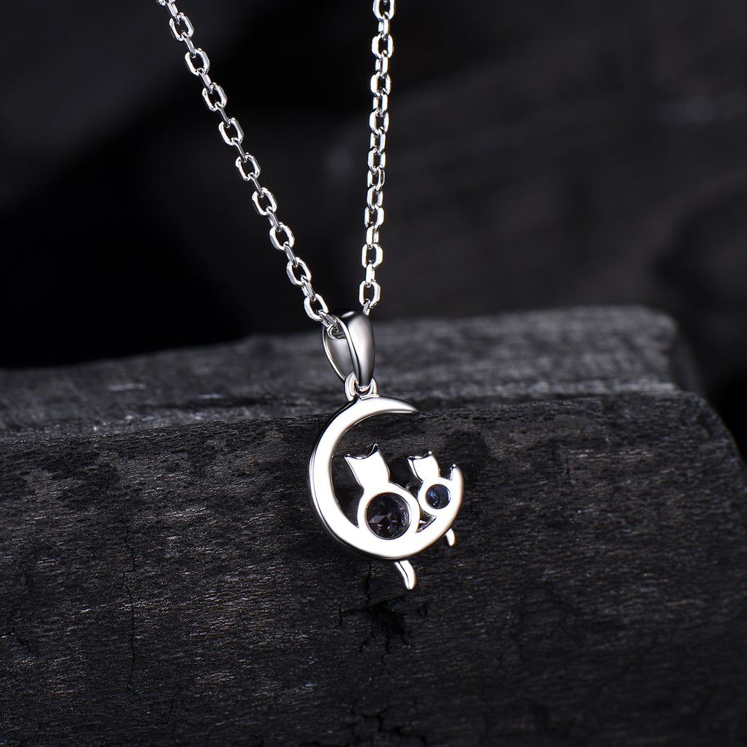 Dainty cat alexandrite moonstone necklace cute silver white gold moon family pendant personalized Two cats lying on the moon rocking chair - PENFINE