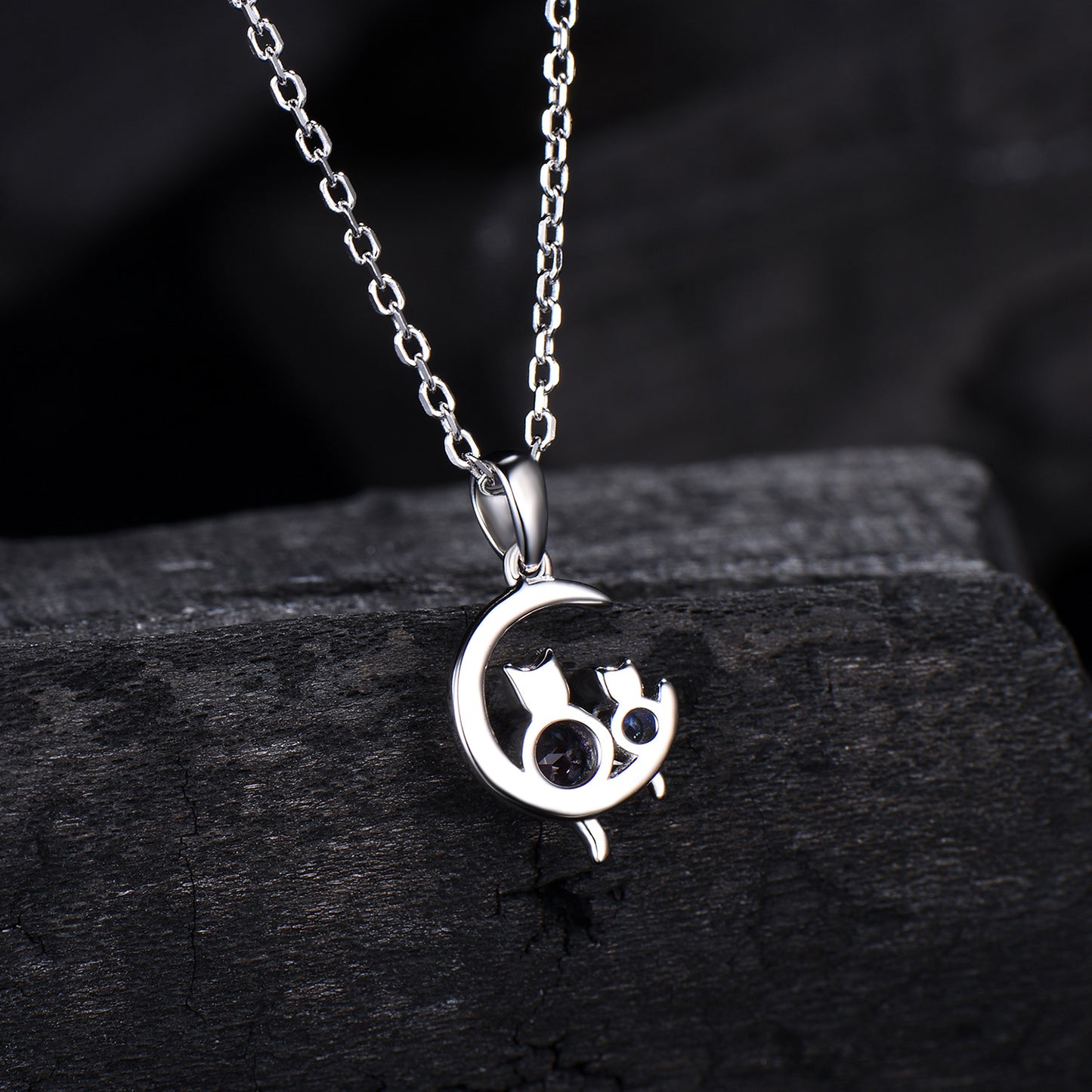 Dainty cat alexandrite moonstone necklace cute silver white gold moon family pendant personalized Two cats lying on the moon rocking chair - PENFINE