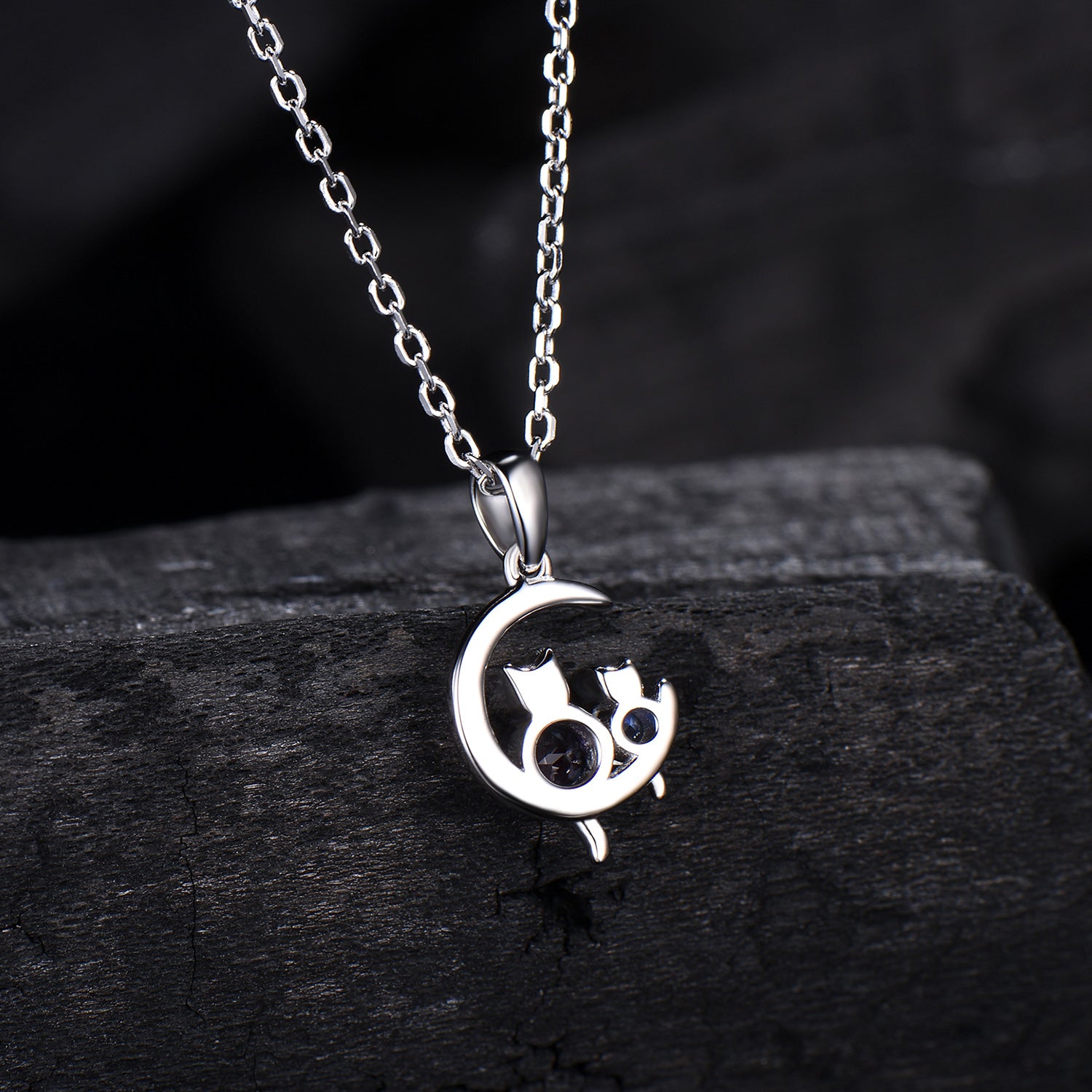 Dainty cat alexandrite moonstone necklace cute silver white gold moon family pendant personalized Two cats lying on the moon rocking chair - PENFINE