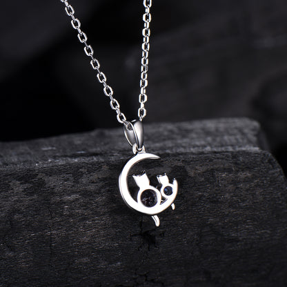Dainty cat alexandrite moonstone necklace cute silver white gold moon family pendant personalized Two cats lying on the moon rocking chair - PENFINE