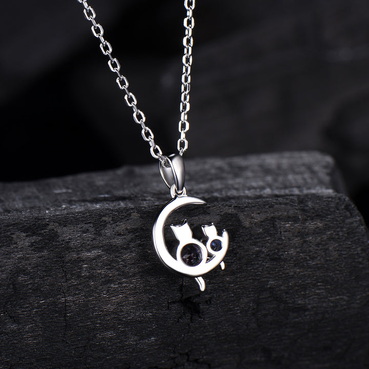 Dainty cat alexandrite moonstone necklace cute silver white gold moon family pendant personalized Two cats lying on the moon rocking chair - PENFINE