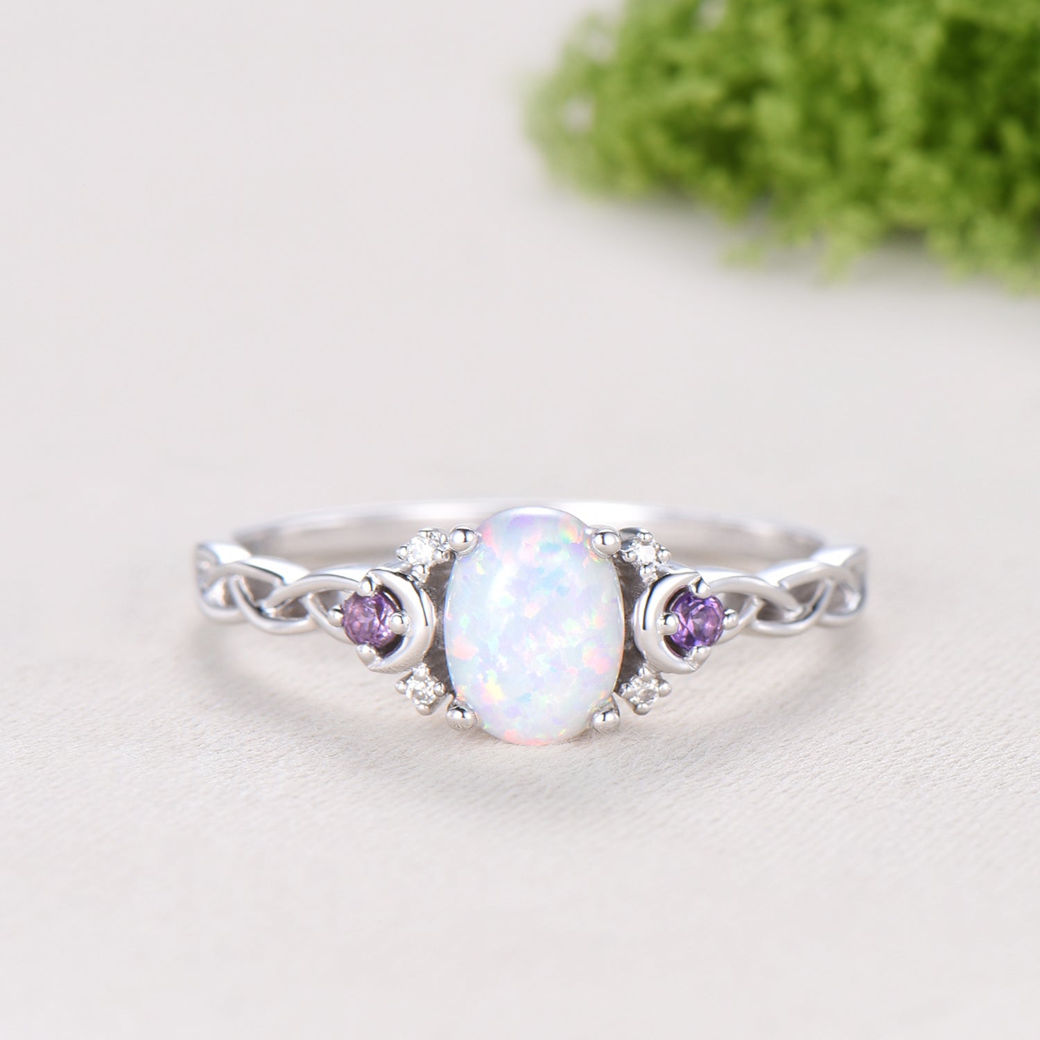 Norse Viking Opal Ring 1.5 Carat Oval Opal Moon Engagement Ring Cluster Amethyst Moissanite Wedding Band Alternative October Birthstone Gift