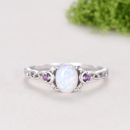 Norse Viking Opal Ring 1.5 Carat Oval Opal Moon Engagement Ring Cluster Amethyst Moissanite Wedding Band Alternative October Birthstone Gift