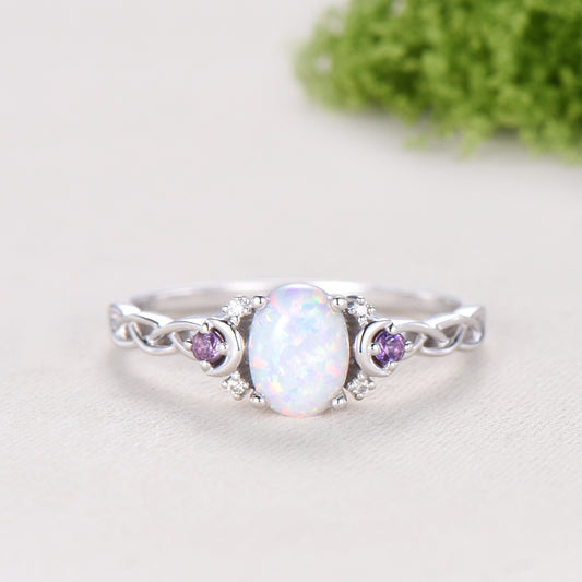Norse Viking Opal Ring 1.5 Carat Oval Opal Moon Engagement Ring Cluster Amethyst Moissanite Wedding Band Alternative October Birthstone Gift