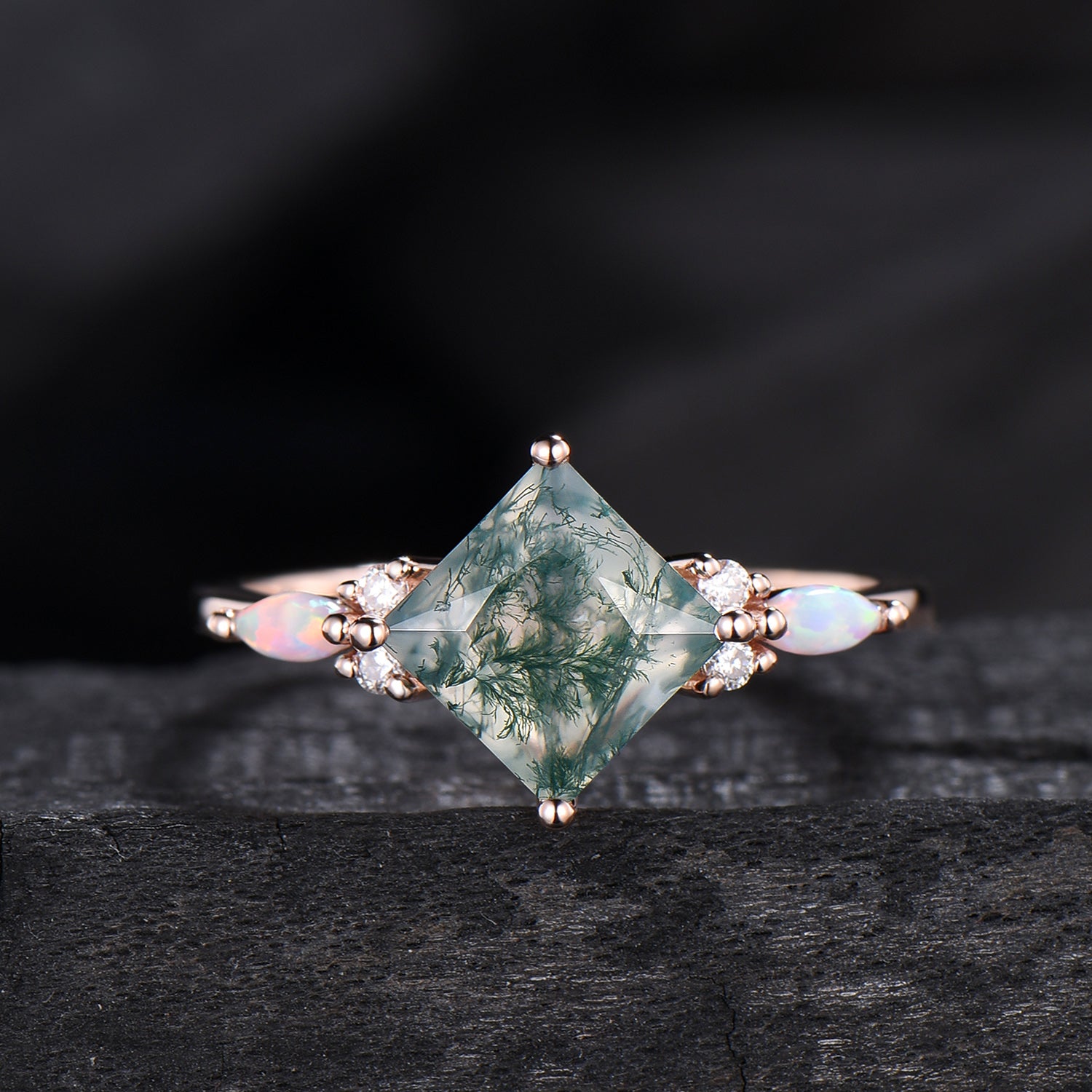 2CT Natural Princess Cut Moss Agate Engagement Ring: Moissanite & Marqusie Opal Accents