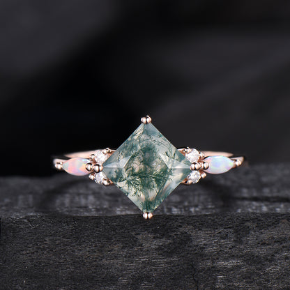 2CT Natural Princess Cut Moss Agate Engagement Ring: Moissanite & Marqusie Opal Accents